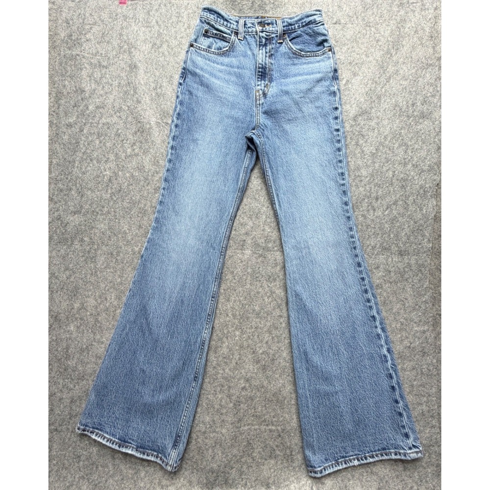 Levis Premium 70s High Flare Jeans W25 L32 Medium Wash Blue Denim Distressed